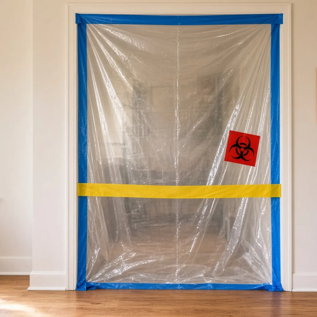 Biohazard containment barriers — heavy plastic sheeting sealed with blue tape across a doorway inside a residential apartment